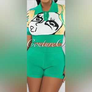 Green multicolor, print crop top and shorts knit set, medium